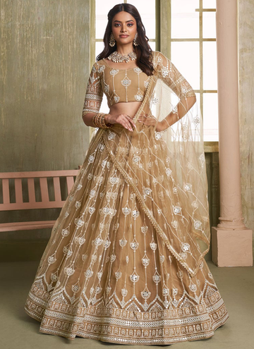 Fascinating Beige Net Thread Embroidered Lehenga Choli With Dupatta